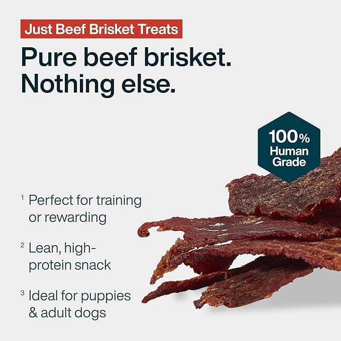 JustFoodForDogs Single Ingredient Healthy Dog Treats and Dog Snacks, Jerky Treats, Human Grade, Preservative and Grain Free, Rawhide Free Chews, Low Calorie Treat - Beef Brisket, 5 oz | Human Grade Beef Treats for Dogs, Jerky Dog Snacks, Preservative &...