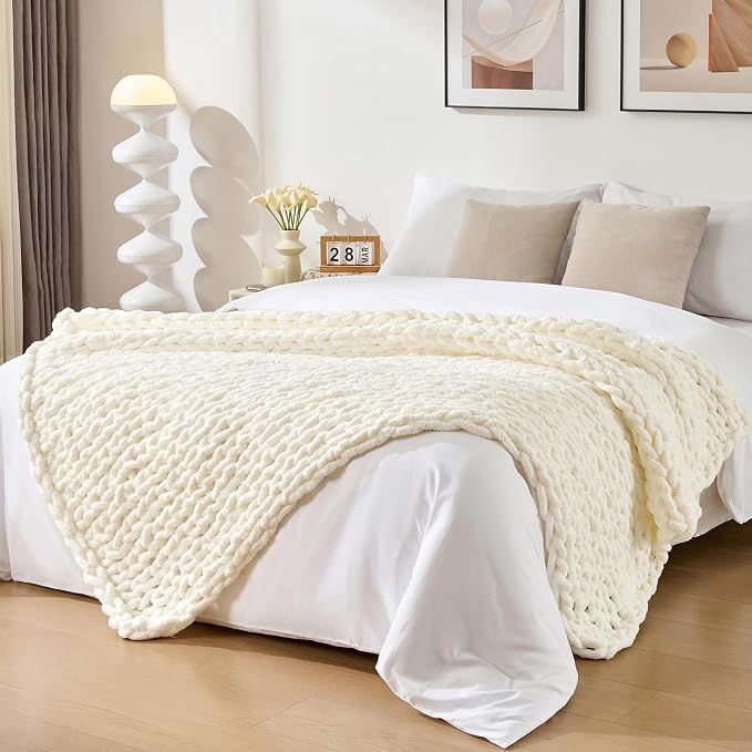 Bigacogo Chunky Knit Throw Blanket for Couch, 60x80 inches, Ivory | Hand Knit with Jumbo Chenille, Soft Breathable Cable Knit for Sofa Bed Living Room, Machine Washable, Gift for Mom Friend