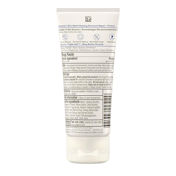 Aveeno Skin Relief Healing Ointment, Repair & Protect Extra Dry, Cracked Skin, Glycerin Protectant with Triple Oat & Shea Butter, Fragrance-Free & Non-Greasy Feel, Travel Size, 2.0 oz