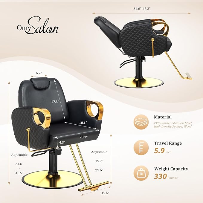 OmySalon All Purpose Salon Chair with Reclining Back, Stylist Chairs for Salon, Hydraulic Barber Chair Heavy Duty Hair Chair for Shampoo Makeup Threading Waxing