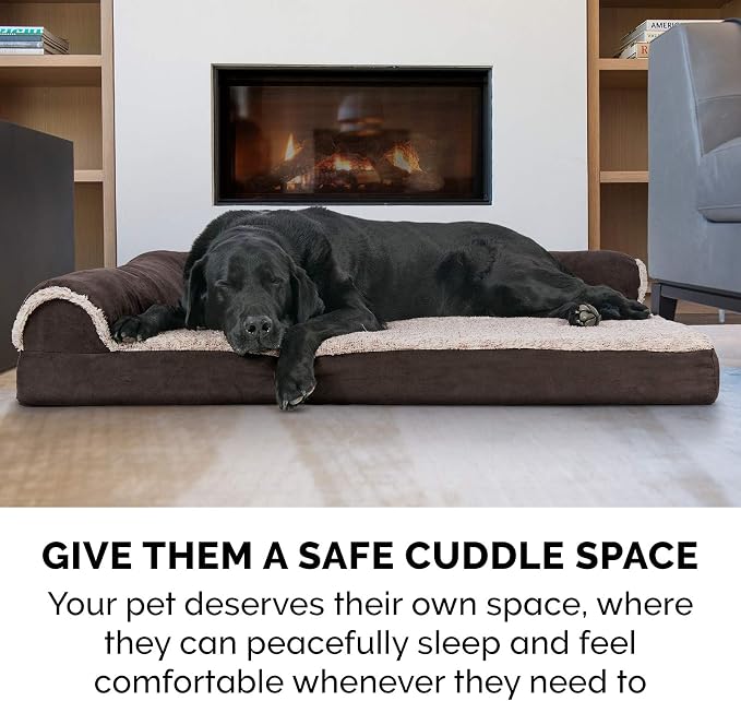 Furhaven Memory Foam Dog Bed for Medium/Small Dogs w/ Removable Bolsters & Washable Cover, For Dogs Up to 35 lbs - Two-Tone Plush Faux Fur & Suede L Shaped Chaise - Espresso, Medium