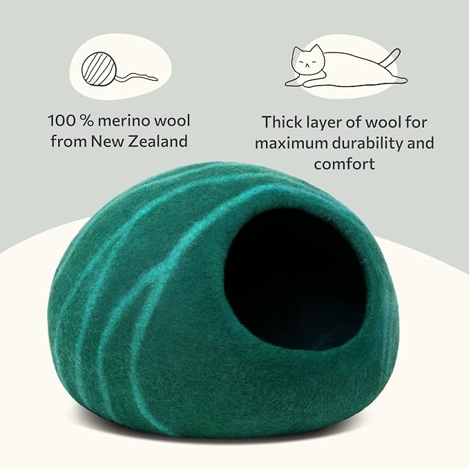 Cat Cave - Merino Wool Bed for Indoor Cats (Emerald, Large) | Cat Bed Enclosure, Premium Felt, Handmade, Super Soft, Lightweight, Breathable, Adjustable Shape
