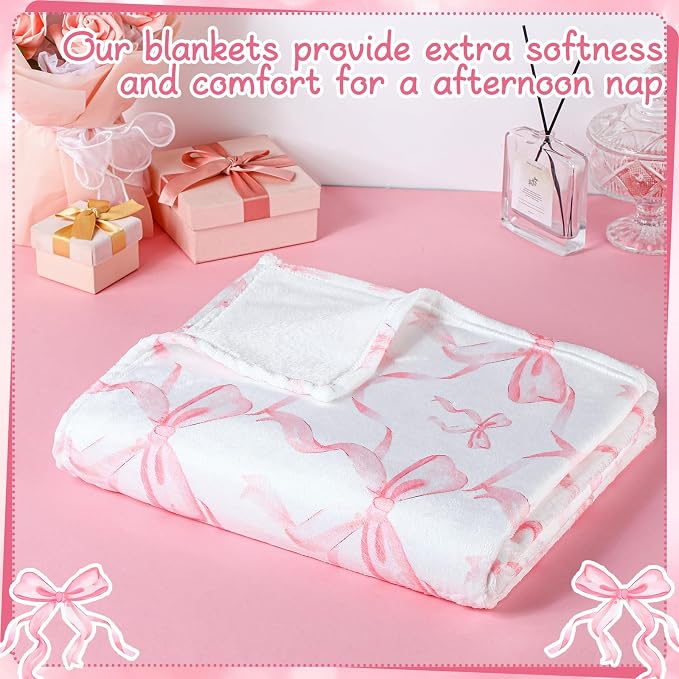 Pink Bow Throw Blanket 50"x60" Soft Flannel for Girls Women | Coquette Aesthetic Decor with Ruffled Edges, Ultra Plush Bed Sofa Blanket, Preppy Gift for Teens, Back to School Dorm Room