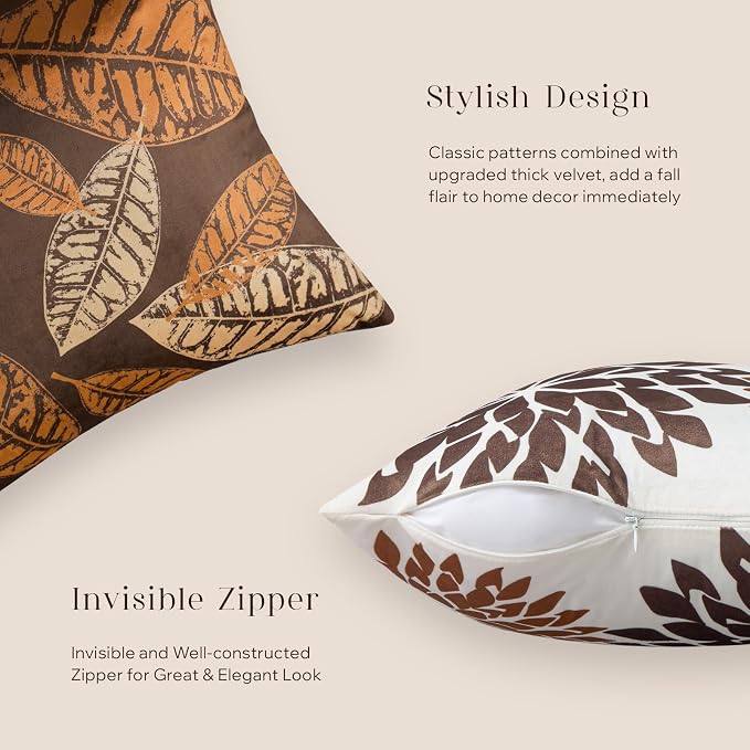 Phantoscope Set of 4 New Living Series Leaf Geometric Throw Decorative Velvet Pillow Cover Cushion Cover, Dark Coffee12 x 20 inches 30 x 50 cm