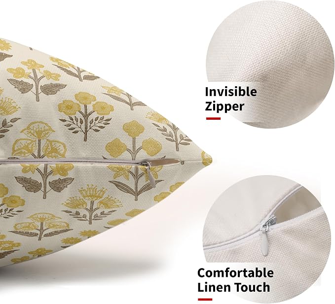 Brown Yellow Floral Pillow Covers 12x20 Inch Set of 2, Block Print Lumbar Flower Cream Decorative Throw Pillowcases Outdoor Farmhouse Rectangle Cushion Covers Spring Summer Sofa Couch Bed Decor