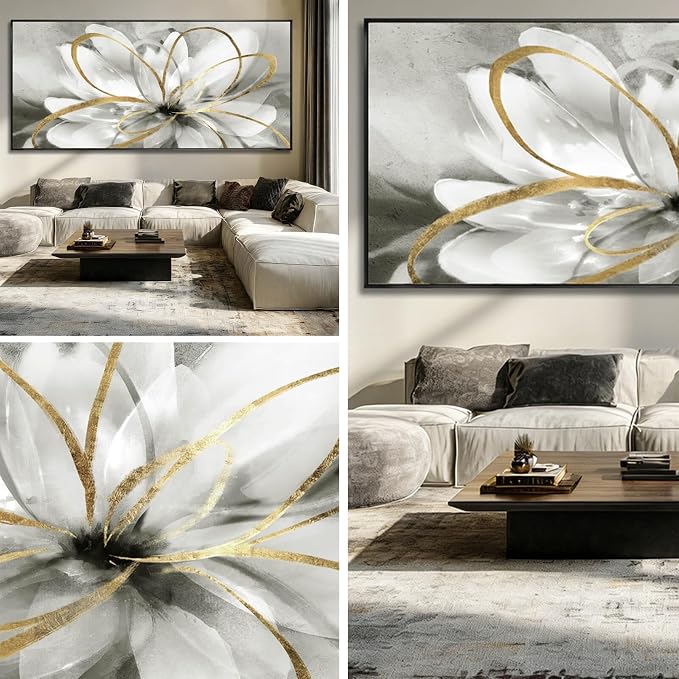SOUGUAN Modern Canvas Wall Art Flower Wall Decor Gold Line Decorative Painting 40"x86" Kitchen Pictures Home Decorations for Living Room