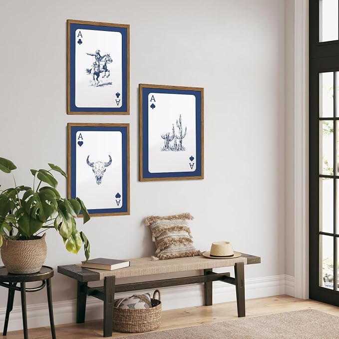 Western Wall Art Set of 3, Blue Cowboy Wall Decor Trendy Southwestern Playing Card Longhorn Bull Skull Poster Canvas Aesthetics Prints for Bedroom Living Room 16x24 inch Wood Framed