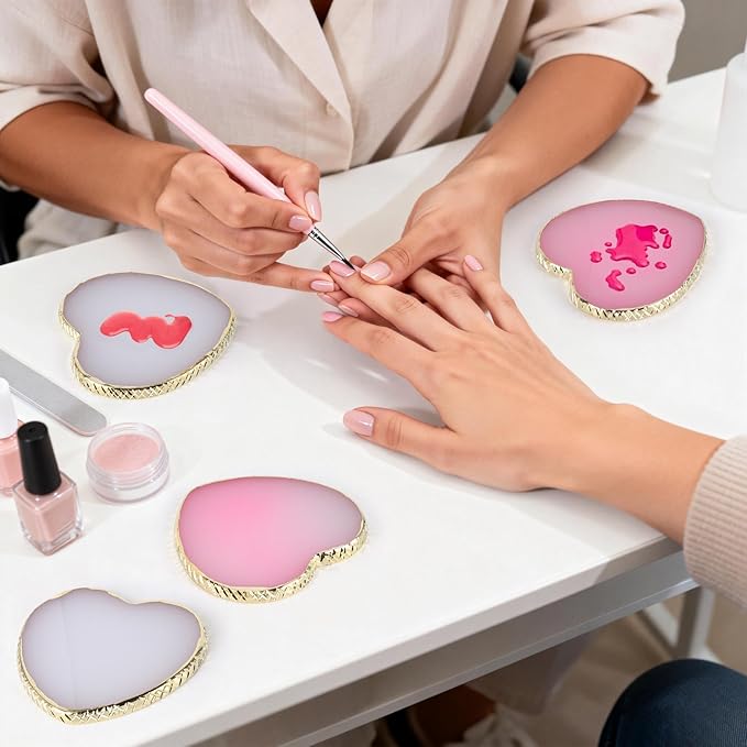 4 Pack Nail Art Palette, Resin Polish Color Design Makeup Mixing Plate, Heart Shape Mini Paint Palette for Nails - White, Pink