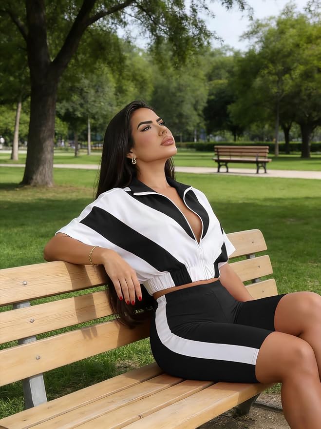 Adogirl Women 2 Piece Outfits Summer Tracksuit Color Block Short Sleeve Full Zip Up Cropped Jacket Bodycon Shorts Lounge Sets