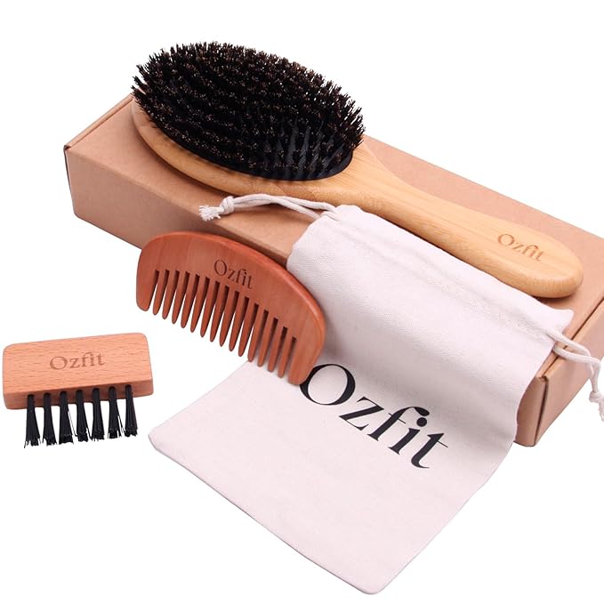 OZFIT 100% Boar Bristle Hair Brush - Natural Bamboo Hair Brush for Men & Women, Promotes Hair Growth, Includes Travel Bag & Cleaner