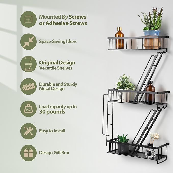Fire Escape Wall Shelf - New York Decorative Ladder Shelf, Wall Art Floating Shelf Black Metal Shelves for Bedroom, Home Office Storage and Display (3-Tier)