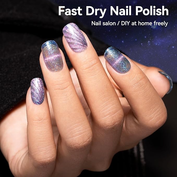 9D Cat Eye Nail Polish, Blue to Purple Double Magic Colors Galaxy Collection | Quick Air Drying | Rich in Castor Oil | Salon Home DIY Nail Art Travel Manicure Gift for Women Girls