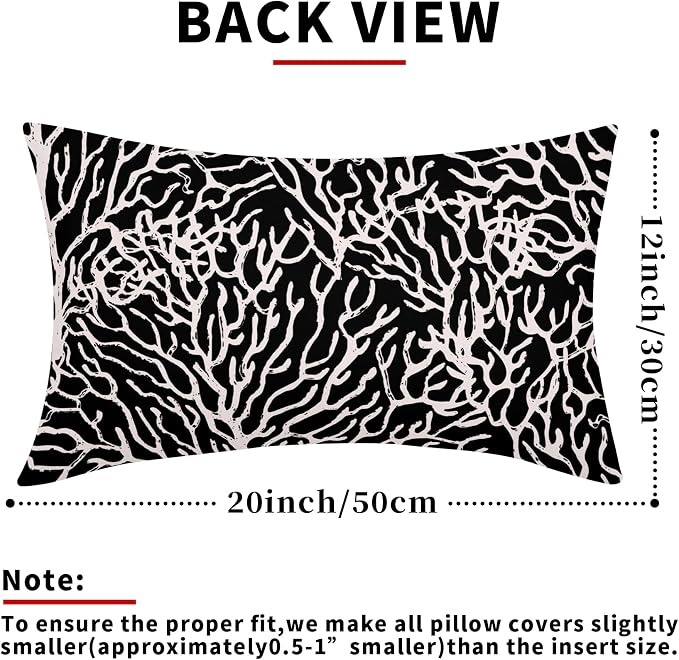 Nautical Coastal Coral Lumbar Pillow Covers 12x20 Inch Set of 2 Summer Ocean Beach Black Decorative Pillow Cases Outdoor Linen Cushion Cover Farmhouse Decor for Bedroom Home Sofa Couch Bed