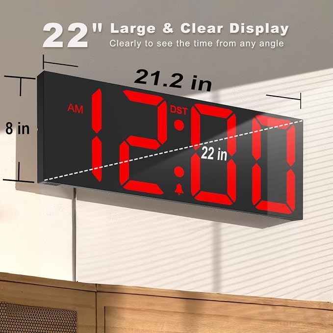 JALL 22" Large Digital Wall Clock, Big LED Number Dispaly, DST, Night Light for Classroom, Living Room, Bedroom, Mounted, Birthday Xmas Gift for Senior, Mem Womem Mom Dad, Red