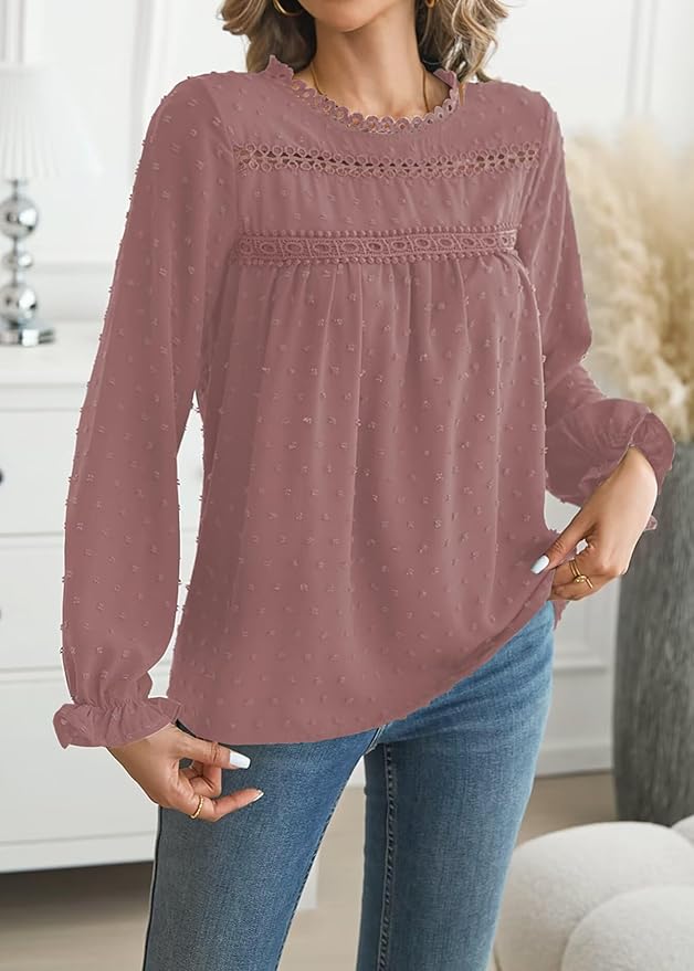 Womens Boho Tops Long Sleeve Shirts For Women Cute Crewneck Blouse Dressy Casual Swiss Dot Crochet Hollow Top 2026