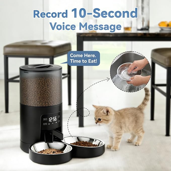 DUMOS 6L Automatic Cat Feeder for 2 Cats, Timed Pet Food Dispenser, Black | 2 Stainless Bowls, 10s Voice Call, Dual Power Supply, 6 Meals Per Day, 50 Portions Per Meal, Dual Pet Feeder for Cat and Dog