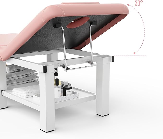 pouseayar Stationary Massage Table Folding Bed with Backrest for Treatment Table Physical Therapy Table Spa Facial Bed, Metal Frame PU Leather, 30.5'' Wide × 75'' Long - Pink