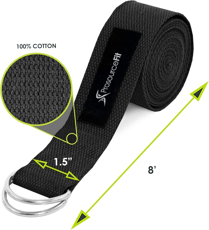 ProsourceFit Metal D-Ring Yoga Strap 8’ Durable Cotton for Stretching and Flexibility