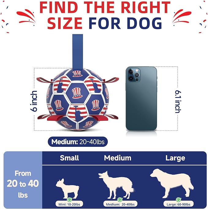 Diman Dog Balls, 6 Inch Dog Soccer Ball with Straps, Independence Day Gift