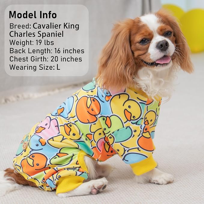 KYEESE Velvet Dog Pajamas for Small Dogs Soft Onesie Shirt, Colorful Duck | 4-Way Stretch, Lightweight & Breathable, Reduces Shedding, Gentle on Sensitive Skin, Recovery Support, Easy Potty Breaks