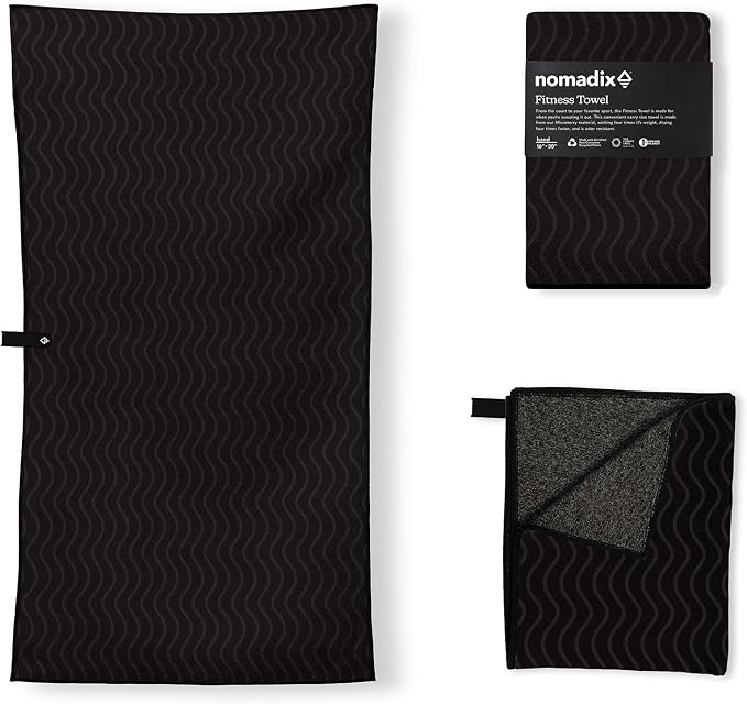 Nomadix Fitness Towel- Microterry Quick-Dry Gym & Yoga Sweat Towel, Odor-Resistant, Ultra Absorbent, Sand & Pet Hair-Resistant, Recycled Material, 30″×16″- Regenerative Black