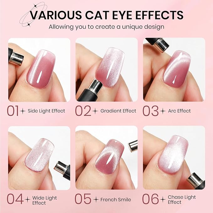 Pink Cat Eye Gel Nail Polish, Holographic Magnetic Gel Nail Polish Glitter Shimmer Effect with Magnet Soak Off U V Salon DIY at Home, 0.5 OZ