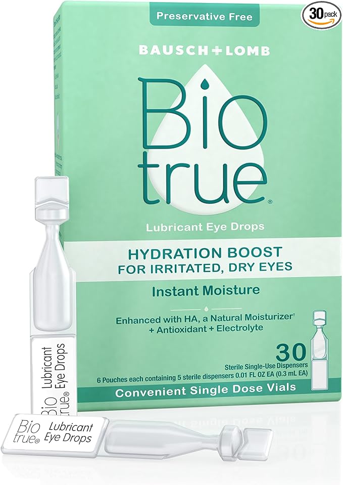 Biotrue Hydration Boost, Preservative-Free Eye Drops for Dry Eyes, Instantly Moisturizes, Rehydrates, Contact Lens Friendly, Refresh & Relieve Eye Irritation, 30 Single-Use Vials (Pack of 1)