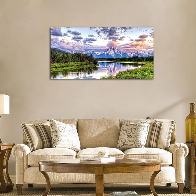 arteWOODS Landscape Canvas Wall Art Nature Picture Oxbow Bend Grand Teton National Park Modern Canvas Artwork River and Forest Contemporary Wall Art Large Size for Home Office Decoration 20" x 40"