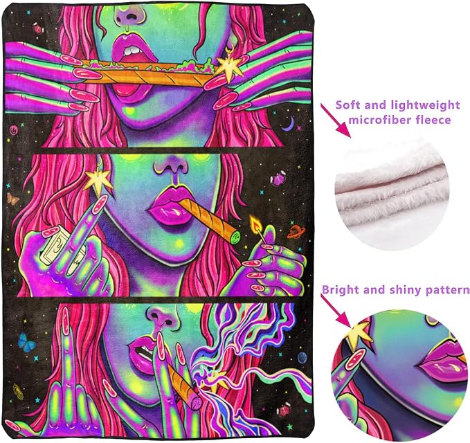 Blacklight Soft Trippy Throw Blanket - 51x59 Inch, Hippie Room Decor Marijuana Cannabis Weed Accessories