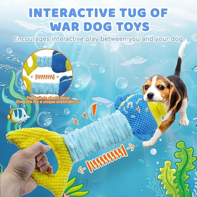 YZHDUXIU Fish Dog Squeak Toys, Elastic Band Tug of War Dog Toy with Crinkle
