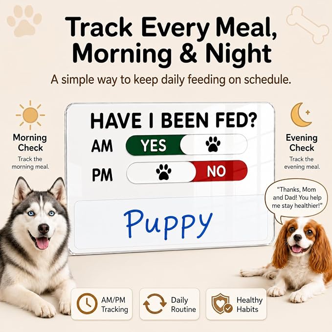 Dog Feeding Reminder Sign with Magnet, Pet Feeding Reminder Sign, Daily Pet Feeding Chart, Dog Feeding Calendar, AM/PM Pet Feeding Tracker, Writable Whiteboard Area for Pet Names & Notes