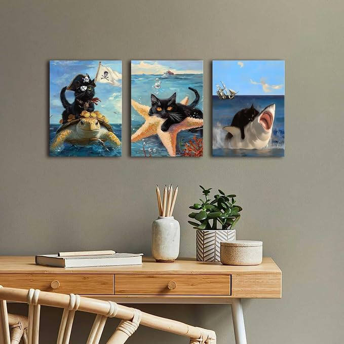 Framed Black Cat Wall Art Funny Cat Shark Turtle Starfish Canvas Wall Decor Ocean Abstract Black Cat Posters Pictures Print for Bedroom Living Room Bathroom 12x16 In