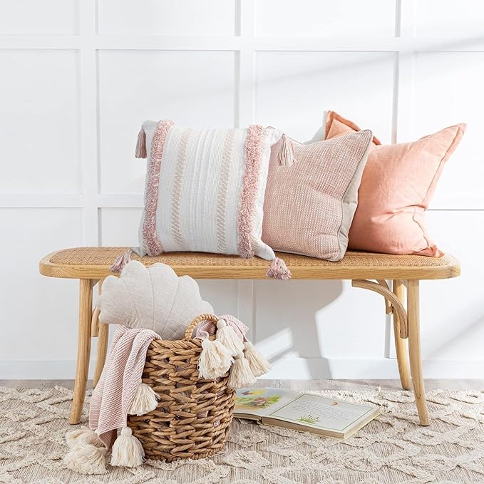 Boho Pink Pillow Covers 20x20 Inch Tufted Tassel Square Throw | Pink tufted square cushion case with tassels, boho decor for living room