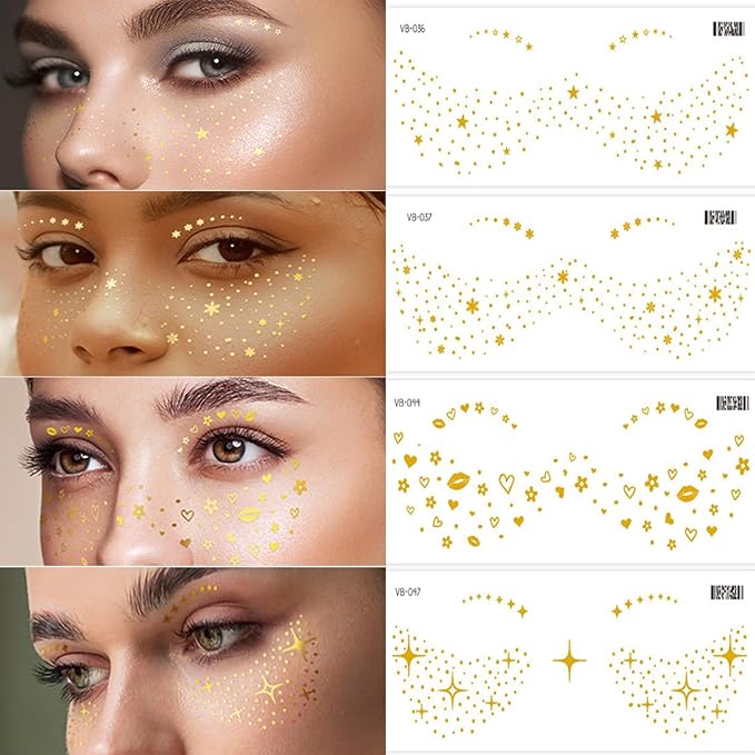 Gold Glitter Freckles Face Tattoo Makeup - Fake & Faux Freckles, Sparkle, Waterproof, Temporary Face Tattoos - Jewels & Stickers - 13 Sheets for Women