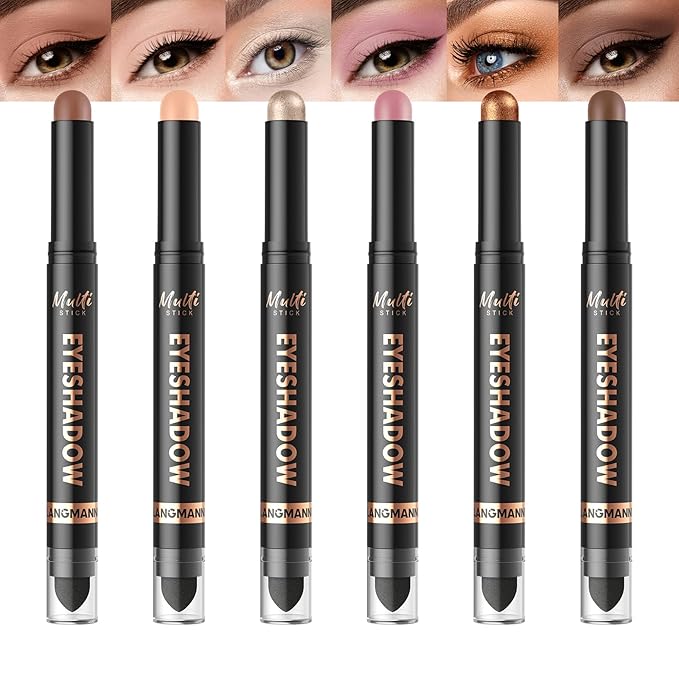 LANGMANNI 6Colors Dual-Ended Cream Eyeshadow Stick Set – Silky Smooth, Waterproof & Transfer-Proof, Built-in Blender Brush, All-Day Matte & Shimmer Wear Eye Makeup(#3+5+7+9+11+14)