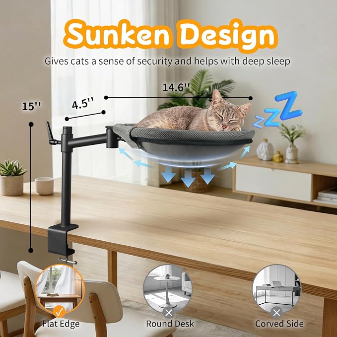 Cat Desk Bed, 360° Rotating & Height Adjustable Desk Cat Nest, Elevated Breathable Cats Bed for Desk with Removable Washable Cover for Indoor Kitten Cats-Maximum Hold Up to 40lb