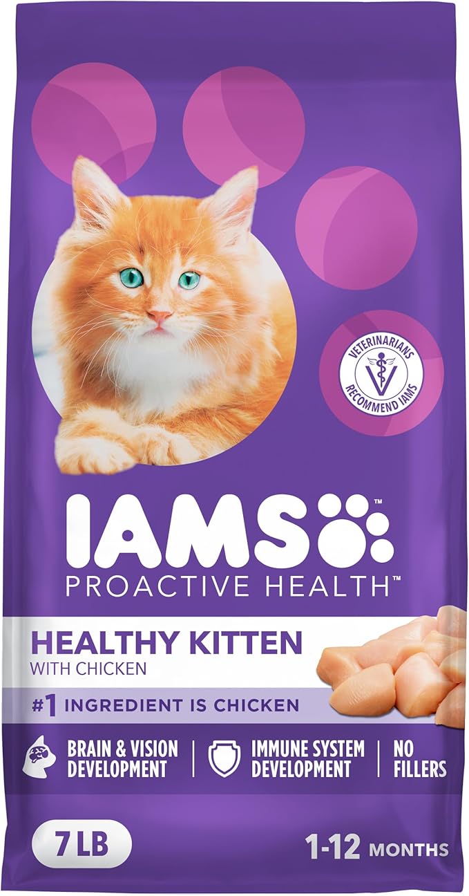IAMS Proactive Health Healthy Kitten Dry Cat Food, Chicken, 7 lb | Veterinarian-recommended, real chicken #1 ingredient, Omega-3 DHA & taurine, supports digestion, skin health, immune system