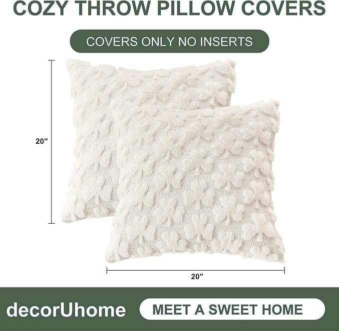 decorUhome Faux Fur Throw Shamrock Cream White Pillow Covers 20X20 Set of 2 | Plush Soft Wool St. Patrick’s Day Throw Pillow Covers, Accent Modern Farmhouse Pillow Covers Holiday Decor for Sofa Bed