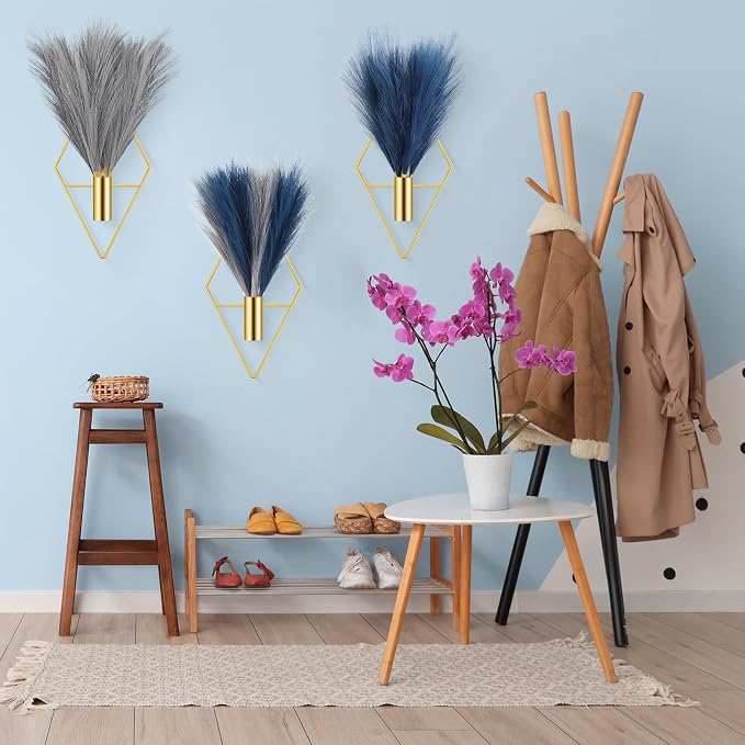 Hanaive 4 Sets Boho Wall Decor Metal Wall Art Hanging Planters with Artificial Pampas Display Modern Home Vase for Bedroom Home Office(Soft,Blue,Light Gray)