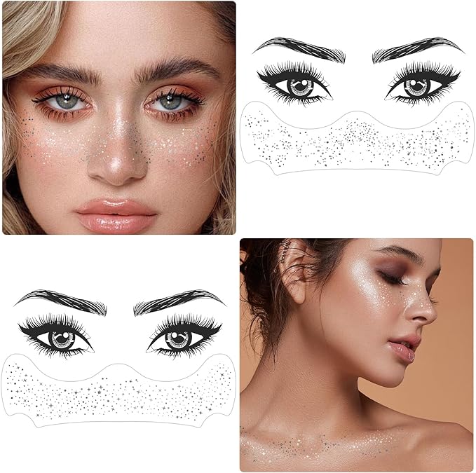 24 PCS Silver Glitter Freckles Face Tattoos Face Glitter Makeup Speckles Patches, Halloween Tattoos Cosplay Party Makeup Accessories for Women Girl, Cosmetic Glitter for Face