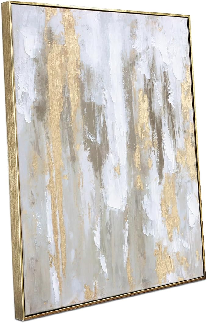 Zessonic Large Gold Abstract 3D Textured Hand-painted Wall Art, 24"x32" | Framed Texture Paintings Modern Canvas Artwork with Hand-Painted Gold Foil for Living Room Bedroom Office, Ready to Hang