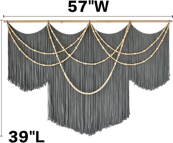Large Macrame Wall Hanging Grey Boho Wall Art Beaded Decor 57"W*39"L | for Bedroom, Handwoven Cotton Art, Beaded Fiber Design, Textured Wall Accent, Sofa Backdrop Decor, Modern Home Decoration