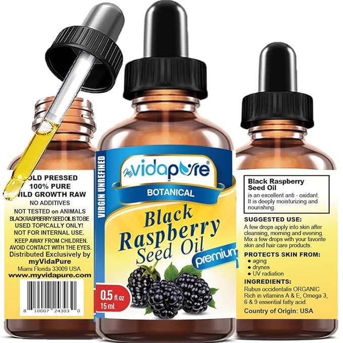 MYVIDAPURE BLACK RASPBERRY SEED OIL 100% Pure VIRGIN UNREFINED for Face, Body, Hair, Lip Care, Nails (0.5 Fl Oz)