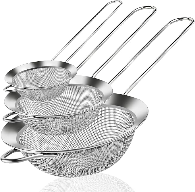 NileHome 3 Piece Mesh Strainers, Stainless Steel Strainer for Sifting, Straining, Cooking Kitchen Strainers Fine Mesh for Flour, Pasta, Loose Tea, Fruit, and Rice, Silver（3.1"+5.4"+7.8")
