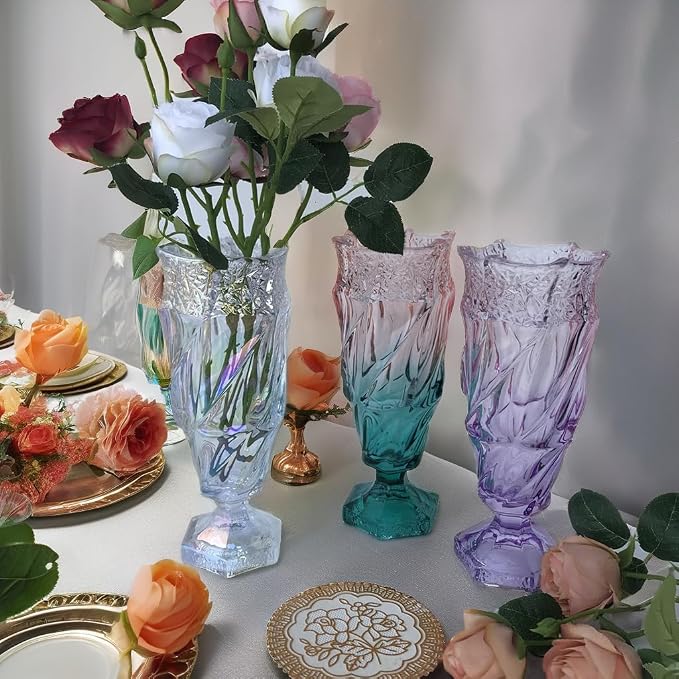 Glass Flower vase 2.4lb 9.5inch,Bohemian Style, for Centerpieces,Wedding,Home Decor Glass Vase (Green Pink)
