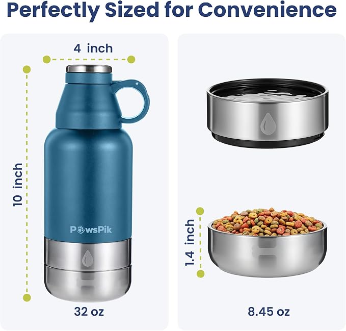 PawsPik 3-in-1 Travel Dog Water Bottle & Bowl Set, 32oz, Blue