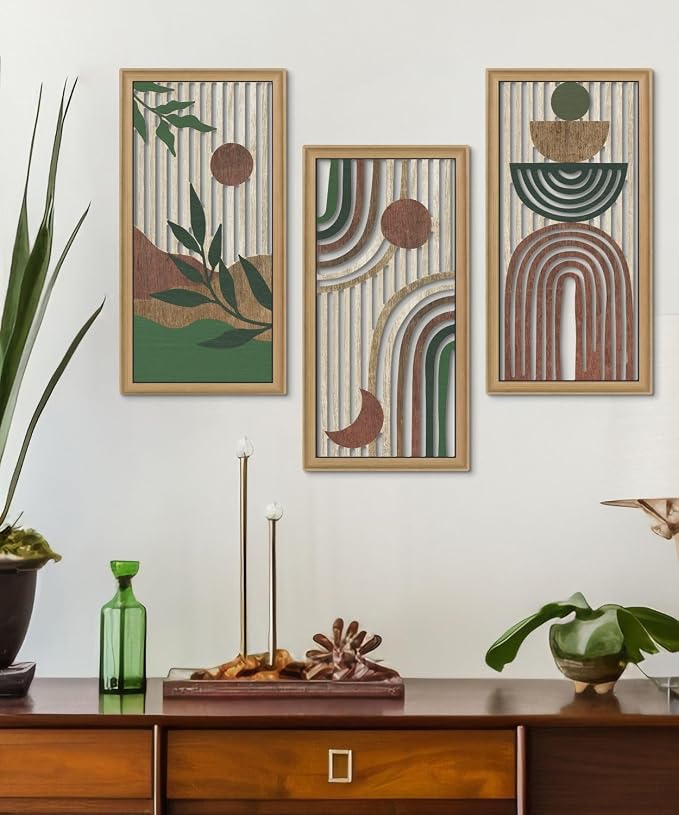 Putuo Decor Boho Wall Art Set of 3 Modern Minimalist Wooden Wall Decor Abstract Earth Tone Room Decorations Mid Century Artwork for Living Room Bedroom Office in Earthwood Canyon 16.5 x 8.6 Inch