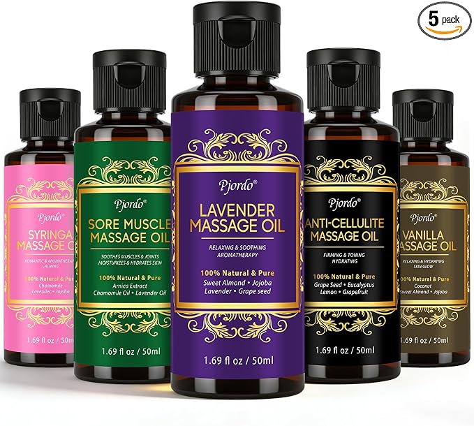 Pjordo 5 Pack Massage Oil for Massage Therapy, Lavender, Vanilla, Sore Muscle, Syringa & Anti Cellulite Massage Oil Kit for Relaxing Muscle & Soothing The Body, Home Spa Gift for Her Him