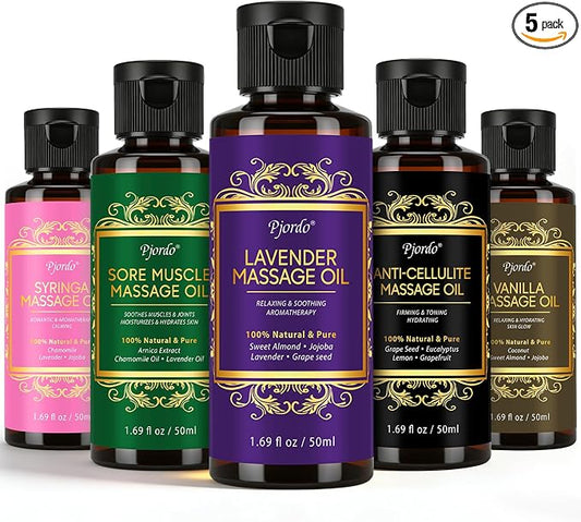 Pjordo 5 Pack Massage Oil for Massage Therapy, Lavender, Vanilla, Sore Muscle, Syringa & Anti Cellulite Massage Oil Kit for Relaxing Muscle & Soothing The Body, Home Spa Gift for Her Him