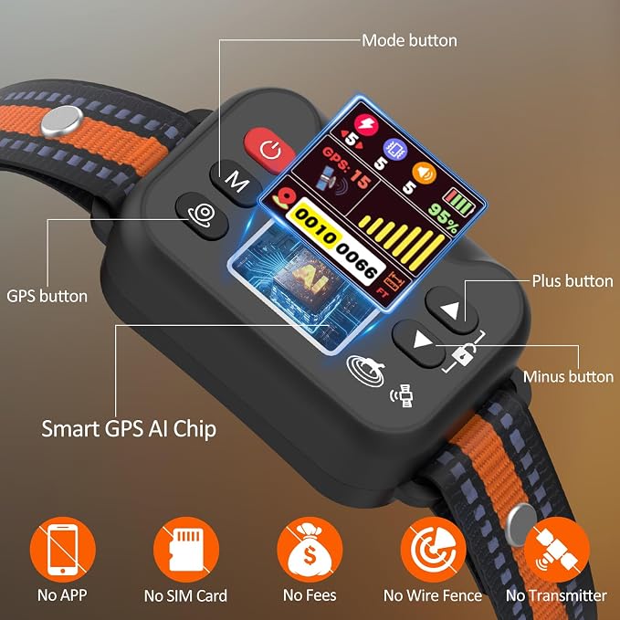 GPS Dog Collar, Wireless Electric Dog Fence Collar with 3 Correction Modes IP67 Waterproof for Pets Over 15 Lbs Outdoor Use Only